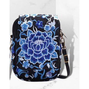 NOVELTY BLUE FLORAL FLOWER EMBROIDERED HANDBAG CROSSBODY BAG